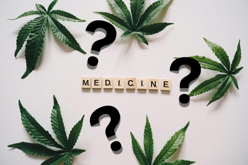 pot leaves with scrabble tiles that say medicine and question marks