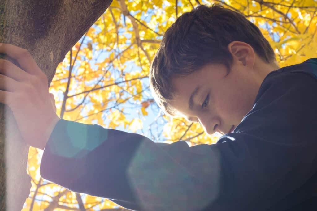 boy pensive leaning against tree