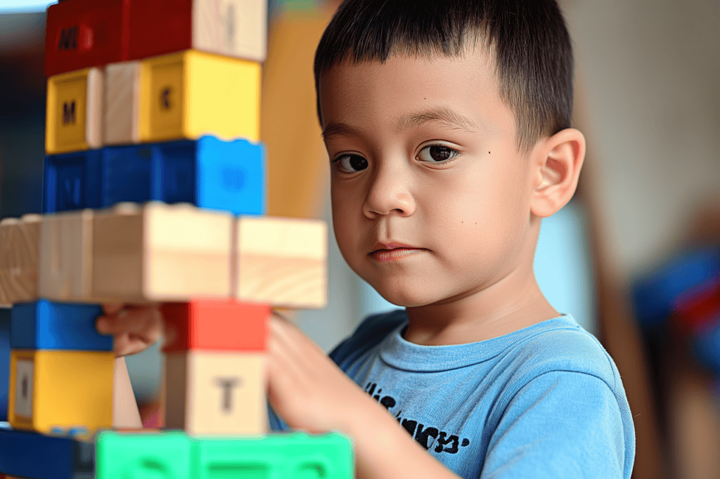 unhappy boy preschool playing with blocks