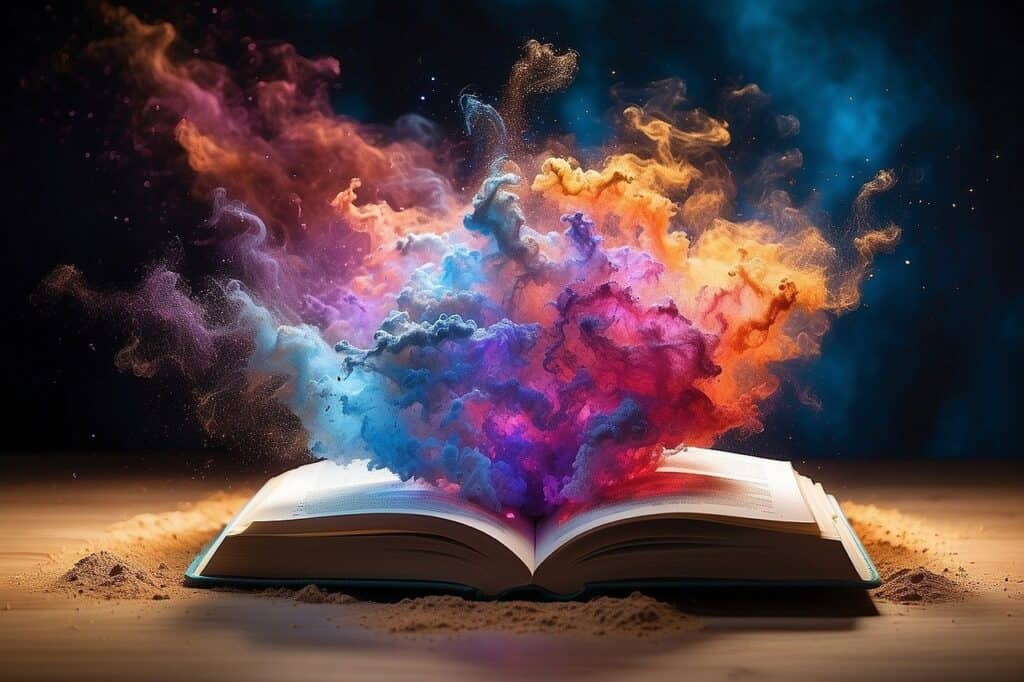 Open book with colorful smoke coming out