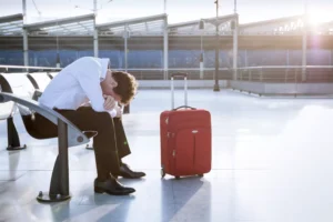 A man sits on an airport bench, slumped over in stress. Here are some tips to keep business travel from killing your marriage.