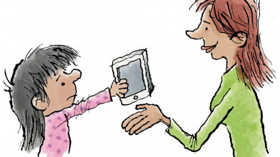 Illustration of a little girl unhappily surrendering a digital tablet to her mother