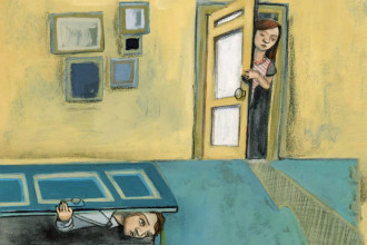 An abstract illustration of a man trapped under a blue door and a woman peeking hesitantly from behind another door, symbolizing the struggles and complexities of marriage being hard.