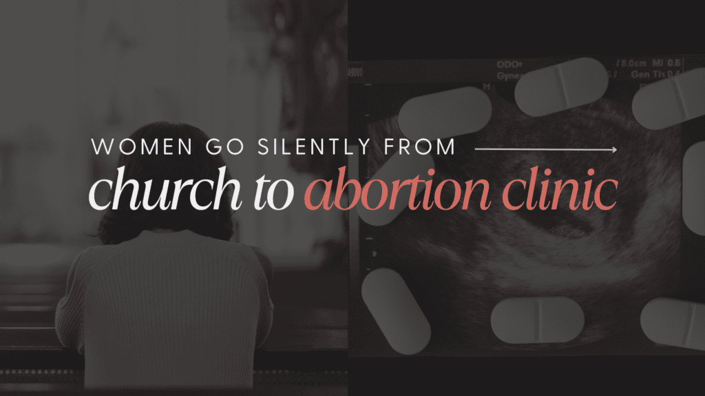 Graphic of woman in a pew, abortion pills, and an ultrasound with text and a darkened overlay.