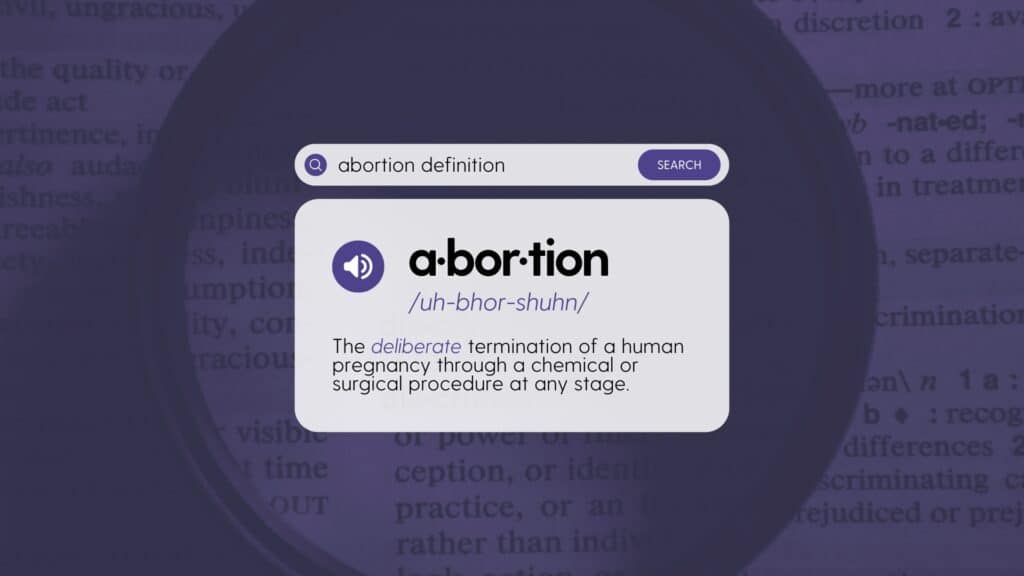 "Guide to Abortion Definitions & Language" hero image that includes a definition for abortion with a faded purple background.