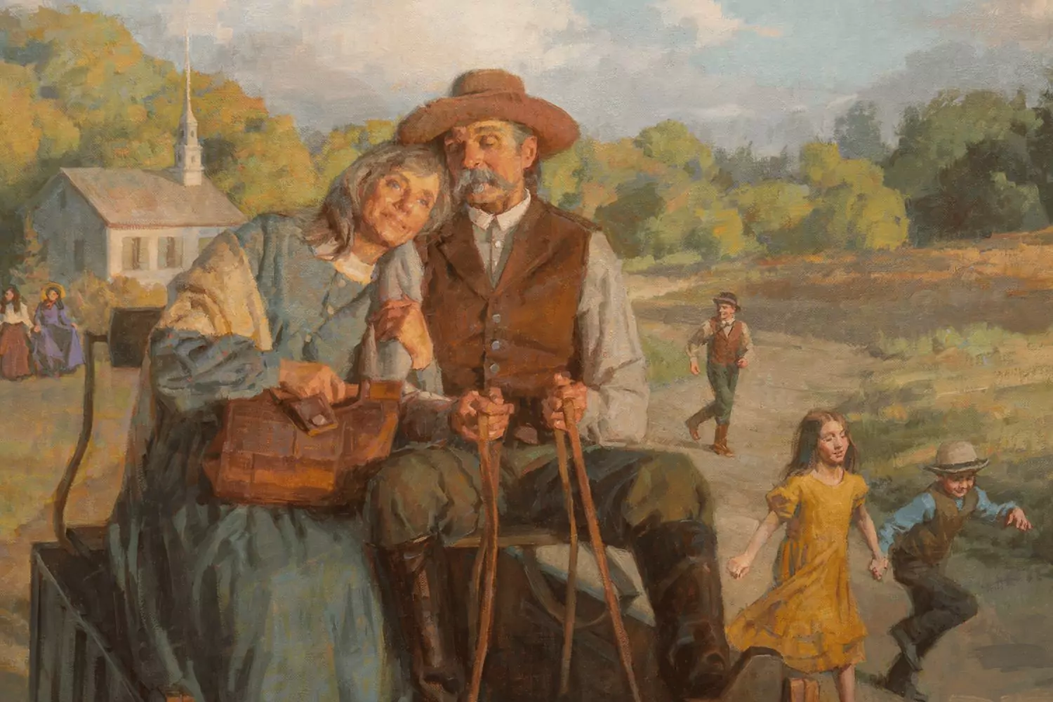 Advent Reflection - Painting of husband and wife driving wagon, with church, playing children, and ladies in the background by Morgan Weistling.