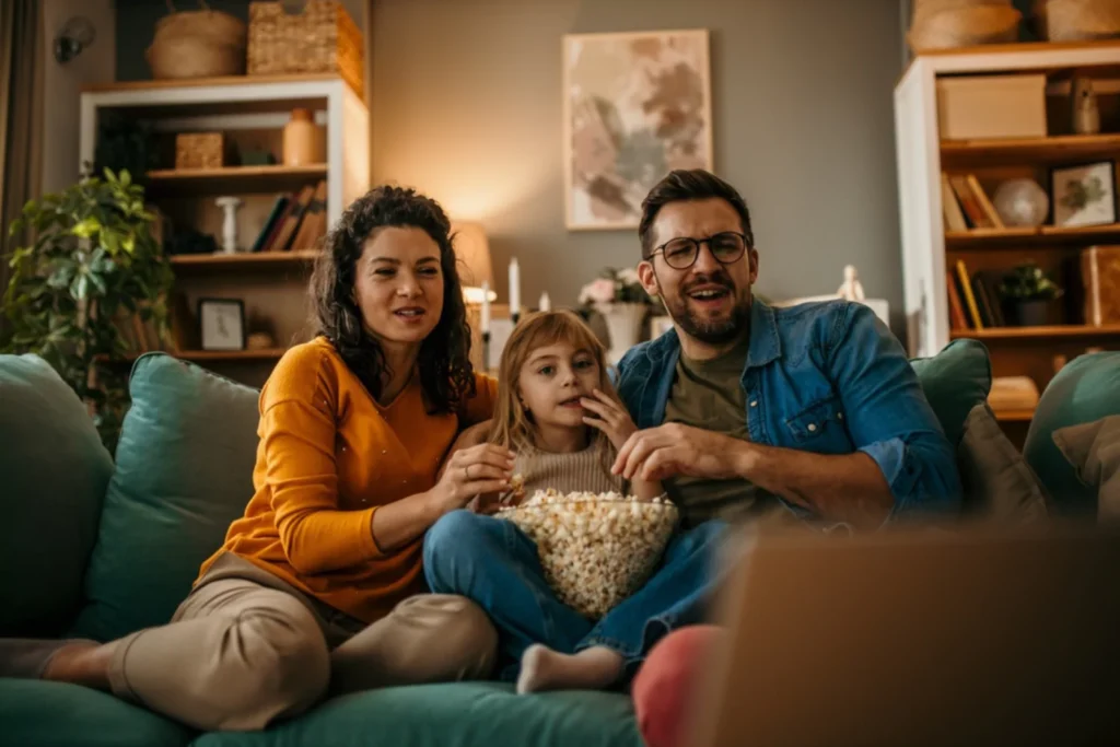 A family enjoying Christian entertainment choices while watching a movie together at home. The mother, father, and young daughter are sitting on a cozy couch, sharing a bowl of popcorn, and smiling as they watch the screen.