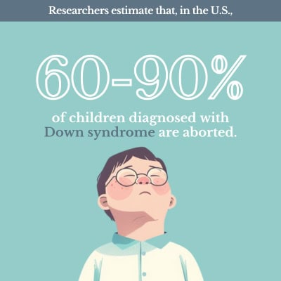 An animated looking image with a child looking up toward a statistic that reads: 60-90% of children diagnosed with Down Syndrome are aborted.