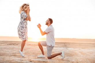 A woman covers her mouth and jumps for joy as a man proposes to her on a beach in a sunset. A future marriage begins with the proposal: “Will you marry me?” Here some conversation starters to help plan your future marriage.