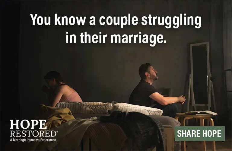 Image of a struggling couple in their marriage, seeking help and hope from Hope Restored marriage intensive experience. Share hope and support for couples in need.