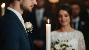 The healthy marriage model - A bride and groom stand near a lone candle during their wedding ceremony.