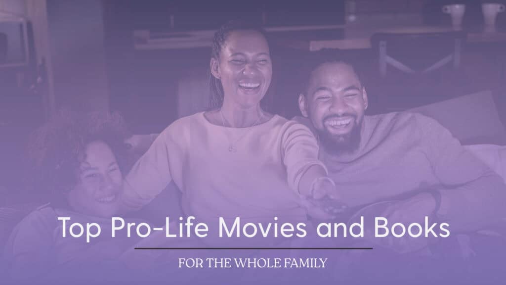 "Top Pro-Life Movies and Book" cover image featuring the title of the article and a blurred, purple duotone image of a family watching T.V.