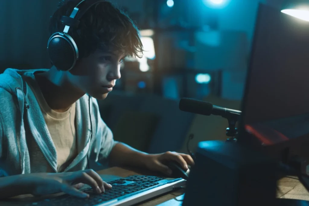 Game addiction_ teenaged boy on his computer in the middle of the night because he is addicted to video gaming