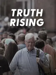 Man walking through a crowd with Truth Rising message, the world is changing fast but truth doesn't.