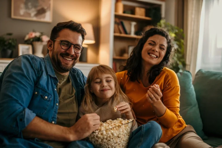 Family watching wild robot eating a large bowl of popcorn