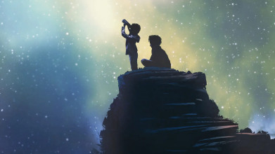 Illustration of two boys at night on rock looking up at starry sky.