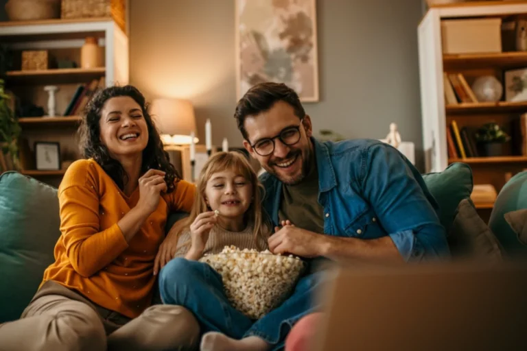 family of a mother, father, and little girl eating popcorn and watching tv on family movie night