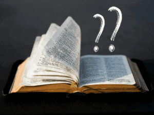 This image shows a bible being flipped open to a page, with question marks hovering over the book. What Does the Bible Say About...